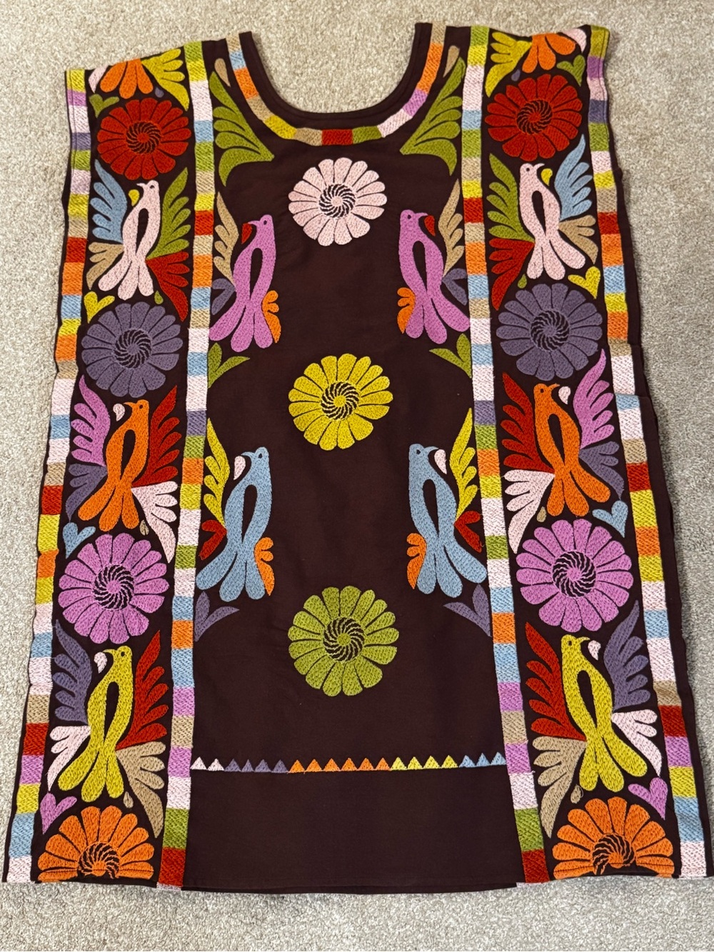 Embroidered Brown Floral & Bird Dress